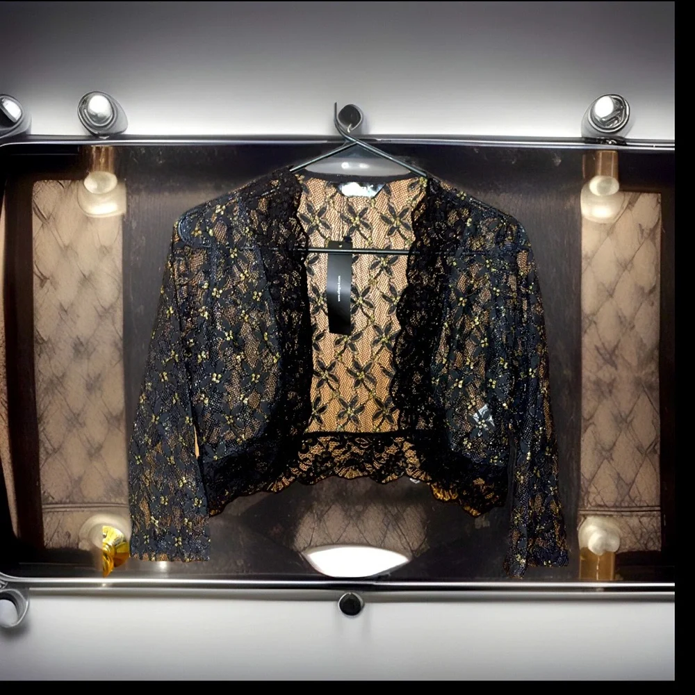 Black Bolero Shrug Top Sheer Sequin Lace W/Floral Pattern Crop Cardigan NWT